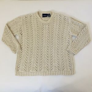 VTG Liz Claiborne LizSport Sweater L Petite Beige Crochet Open Knit Boho Coastal